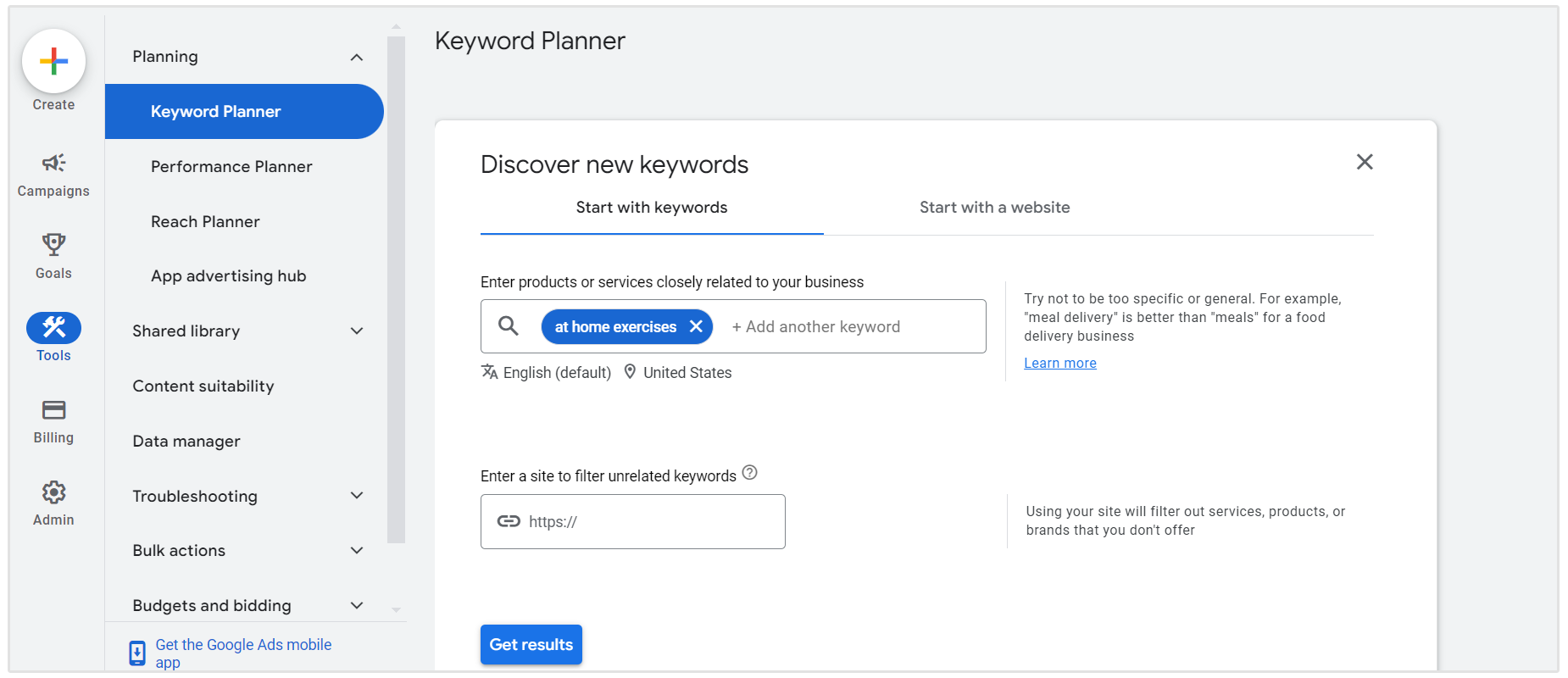 exercícios em casa google keyword planner